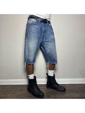 True Religion Men 36 Dean Jean Denim Shorts Distressed Blue USA Made Streetwear